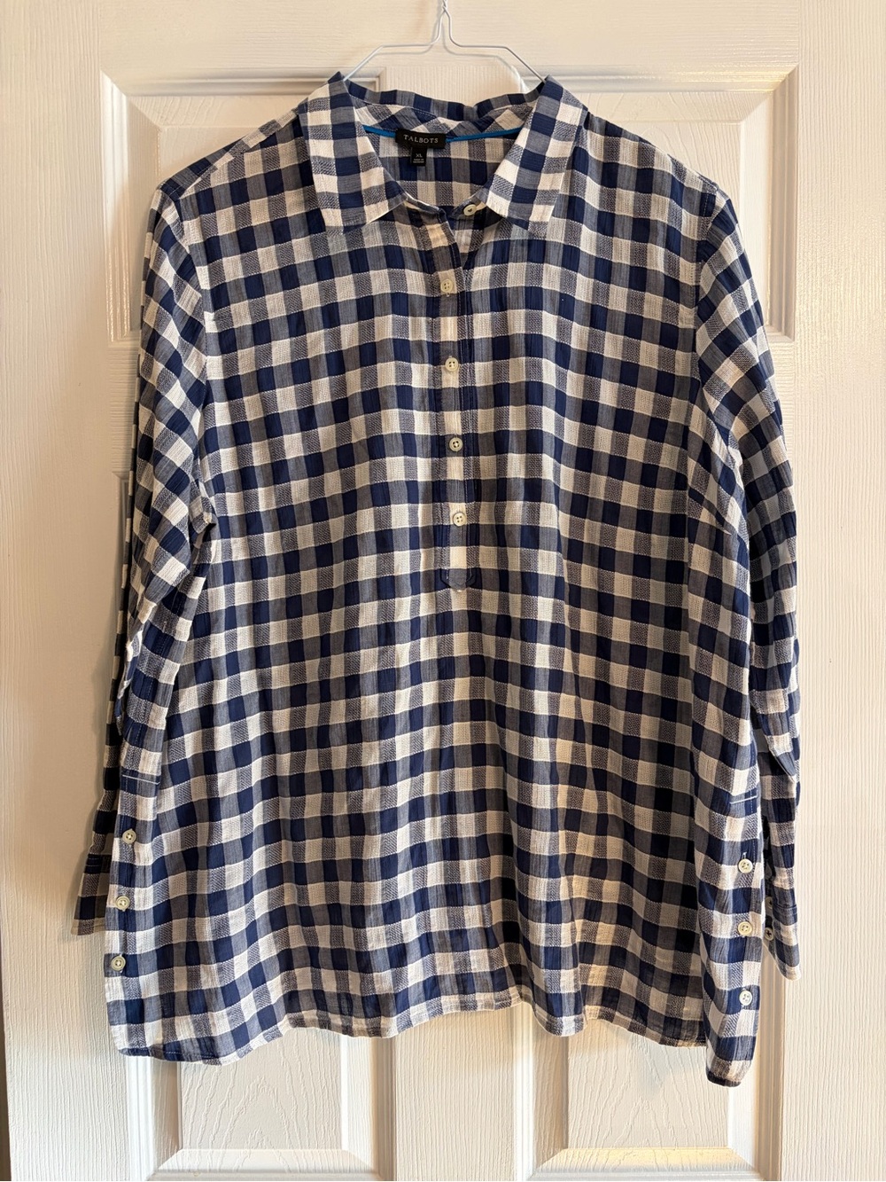 Talbots Popover Blouse Womens XL Gingham Plaid Tunic Side Button Navy Cotton